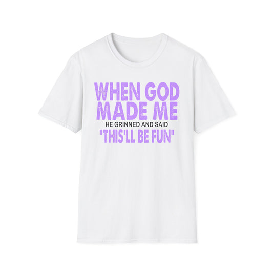 T-Shirt — "When God Made Me" Faith Graphic Tee Purple